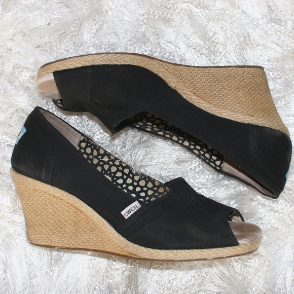 Toms Shoes | Wedge Black Peeptoe Heels Womens 11 | Poshmark TOMS PLATFORM WEDGE High Heels Khaki Beige Peep Toe Shoes